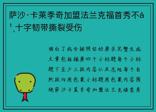 萨沙·卡莱季奇加盟法兰克福首秀不幸十字韧带撕裂受伤